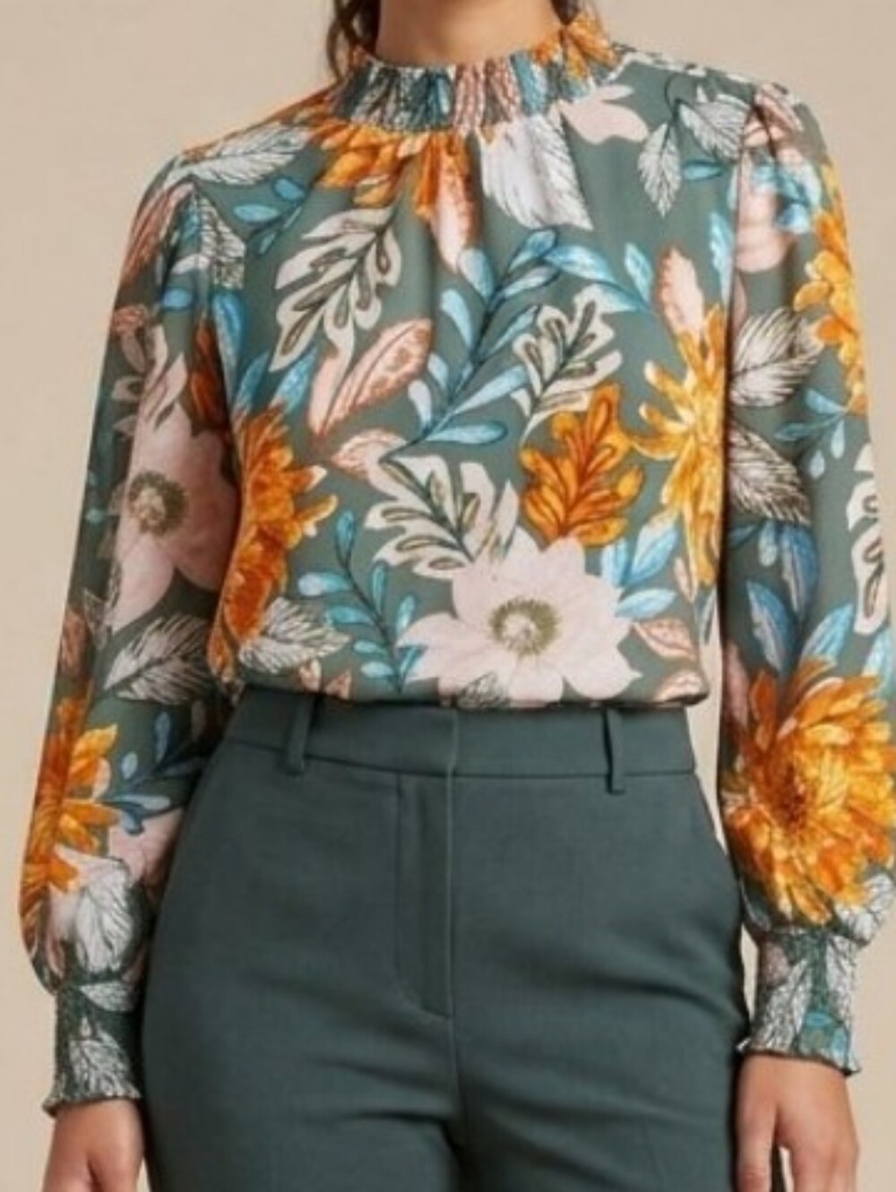 JODIFL Teal Floral Smocked-Neck Long Sleeve Blouse Sz S